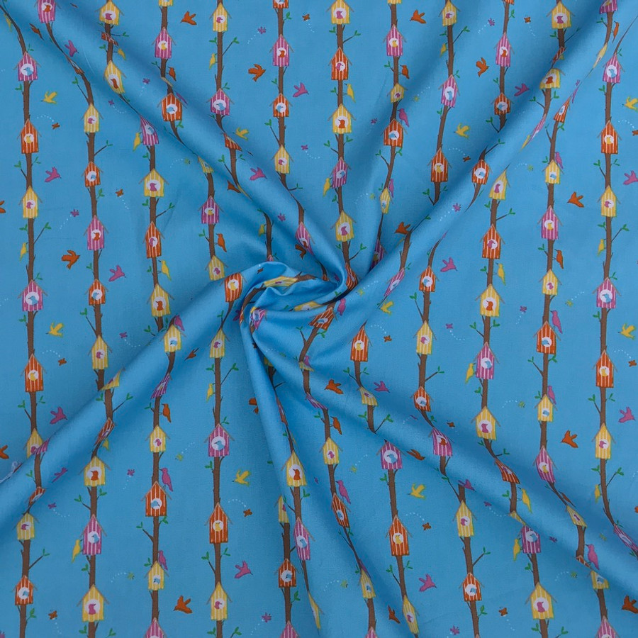 Birds In Tree Houses Woodland Cotton Poplin Fabric, Blue Birds In Tree Houses Woodland Cotton Poplin Fabric, Blue