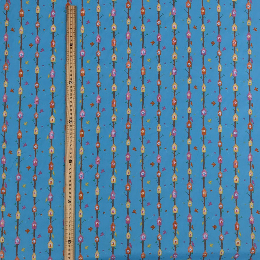 Birds In Tree Houses Woodland Cotton Poplin Fabric, Blue Birds In Tree Houses Woodland Cotton Poplin Fabric, Blue