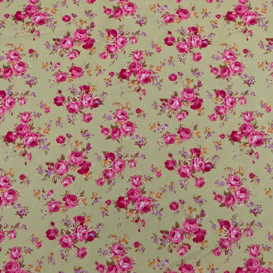 Vintage Pink Roses Cotton Poplin Dress Craft Fabric, Green Vintage Pink Roses Cotton Poplin Dress Craft Fabric, Green