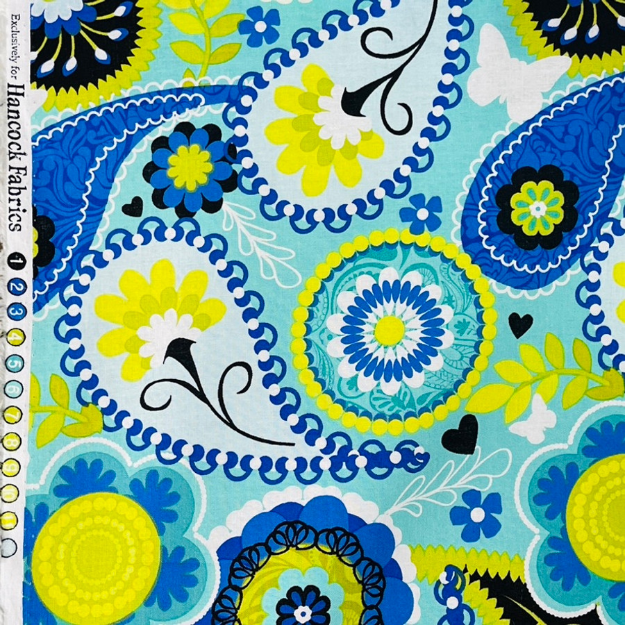 Indian Paisley Floral Cotton Poplin Hancock Fabric, Blue Indian Paisley Floral Cotton Poplin Hancock Fabric, Blue