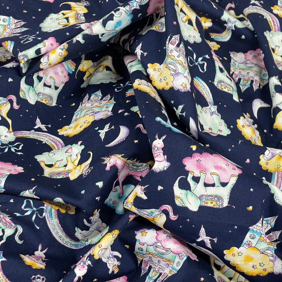 20m Wholesale Unicorn & Elephants In Clouds Rose & Hubble Cotton Poplin Fabric 45", Navy
