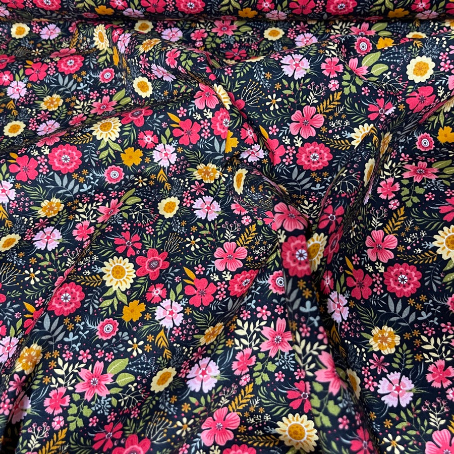 10m Trade Summer Blossom Floral Rose & Hubble Cotton Poplin Dress Fabric, Black 10m Trade Summer Blossom Floral Rose & Hubble Cotton Poplin Dress Fabric, Black
