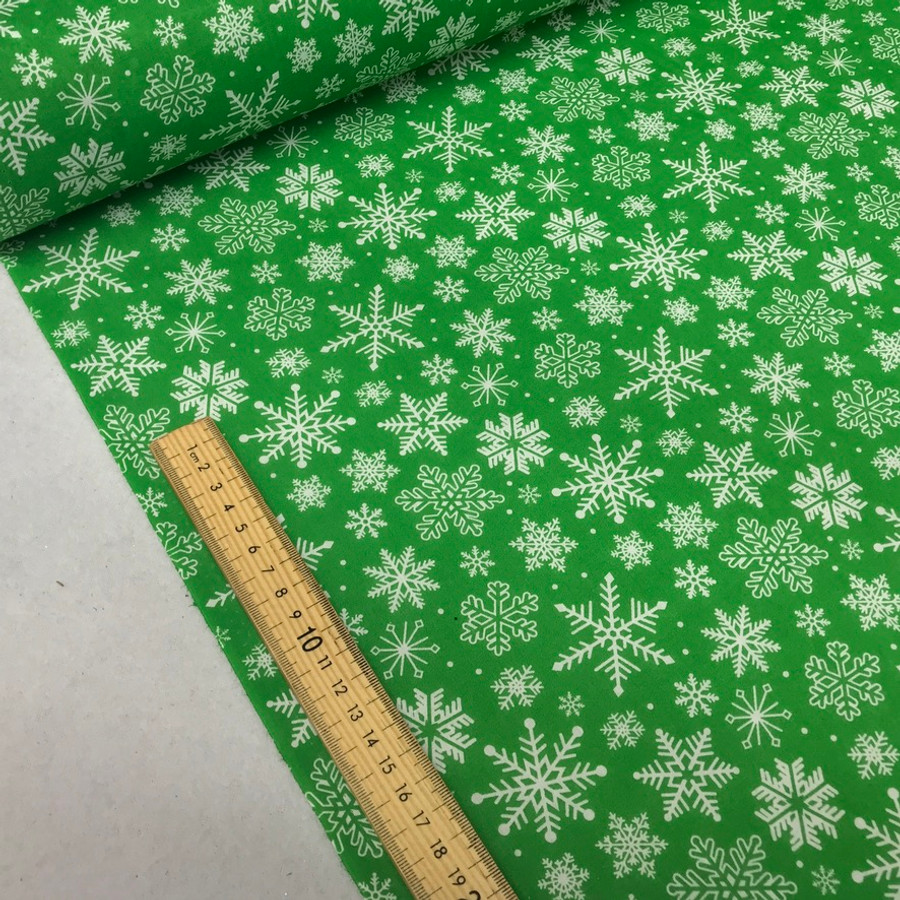 20m Wholesale Snowflakes Christmas Polycotton Fabric, Green 20m Wholesale Snowflakes Christmas Polycotton Fabric, Green