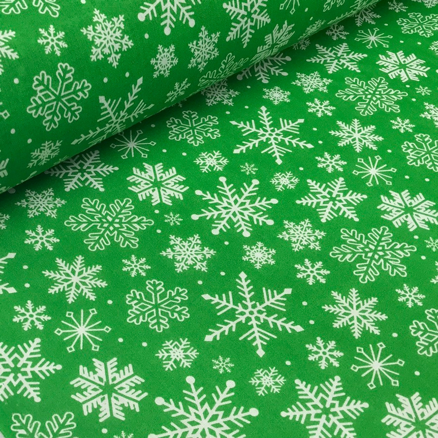 20m Wholesale Snowflakes Christmas Polycotton Fabric, Green 20m Wholesale Snowflakes Christmas Polycotton Fabric, Green