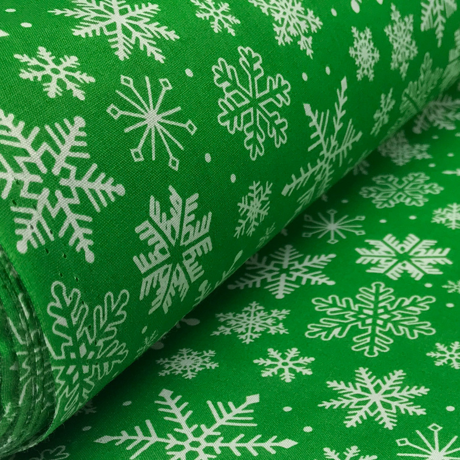 20m Wholesale Snowflakes Christmas Polycotton Fabric, Green 20m Wholesale Snowflakes Christmas Polycotton Fabric, Green