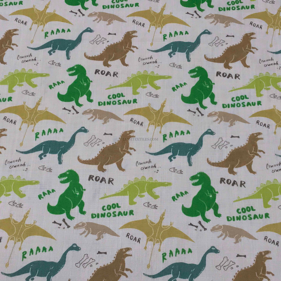 Fun Dinosaurs ROAR Polycotton Fabric, White Fun Dinosaurs ROAR Polycotton Fabric, White