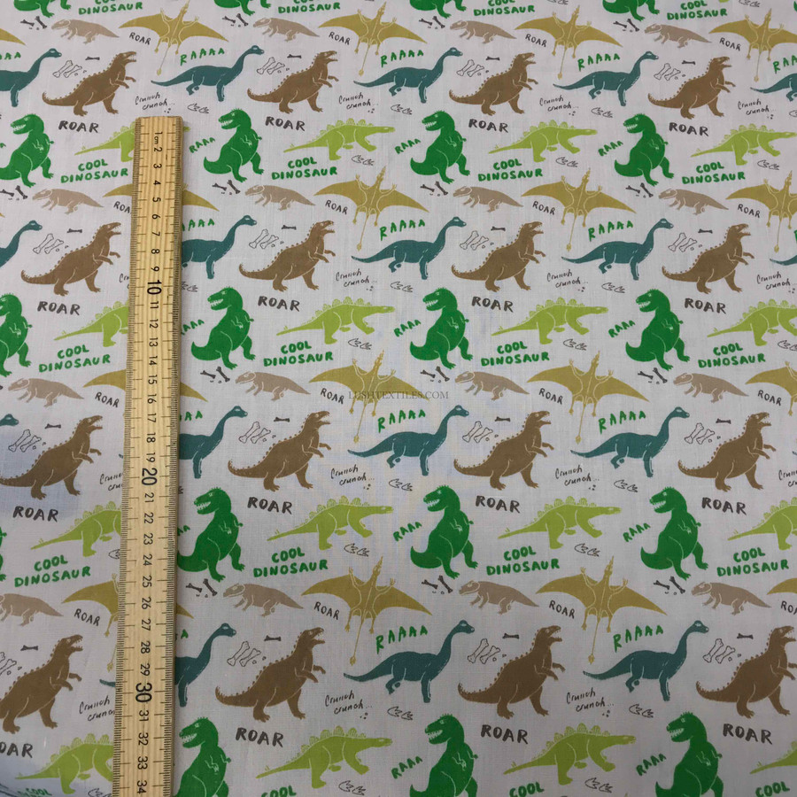 Fun Dinosaurs ROAR Polycotton Fabric, White Fun Dinosaurs ROAR Polycotton Fabric, White