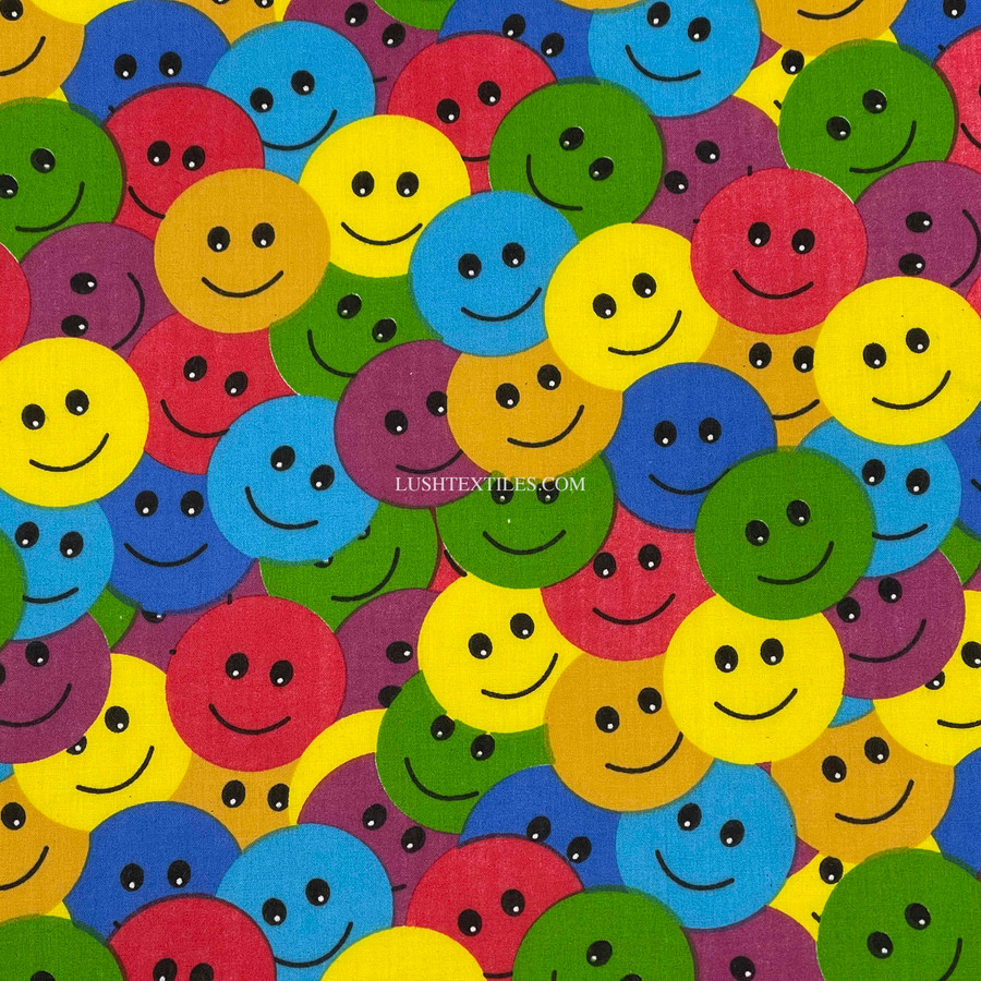 Smiley Emojis Polycotton Face Mask Fabric, Multicoloured Smiley Emojis Polycotton Face Mask Fabric, Multicoloured