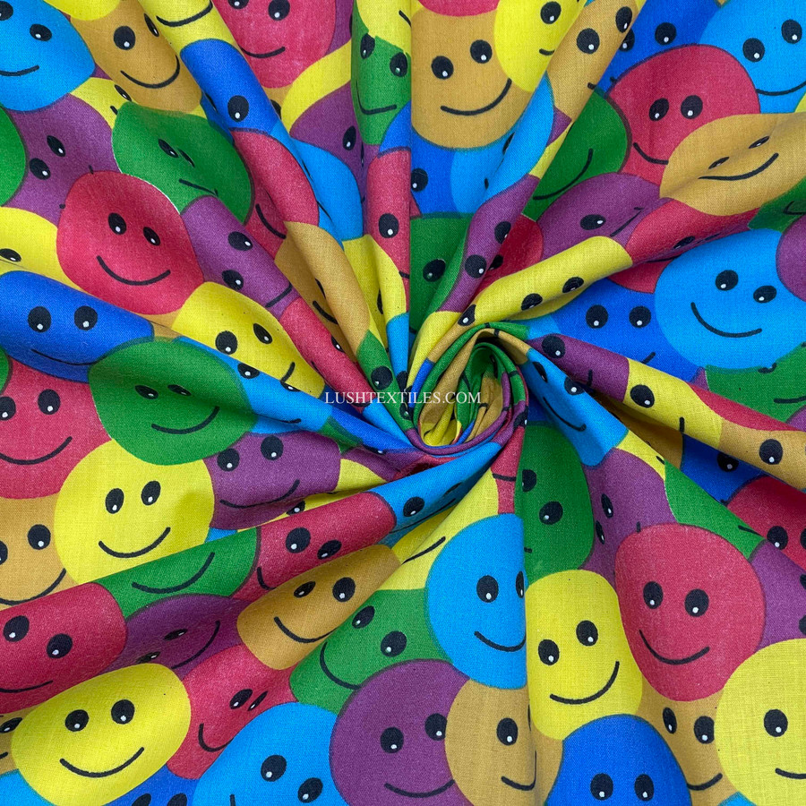 Smiley Emojis Polycotton Face Mask Fabric, Multicoloured Smiley Emojis Polycotton Face Mask Fabric, Multicoloured