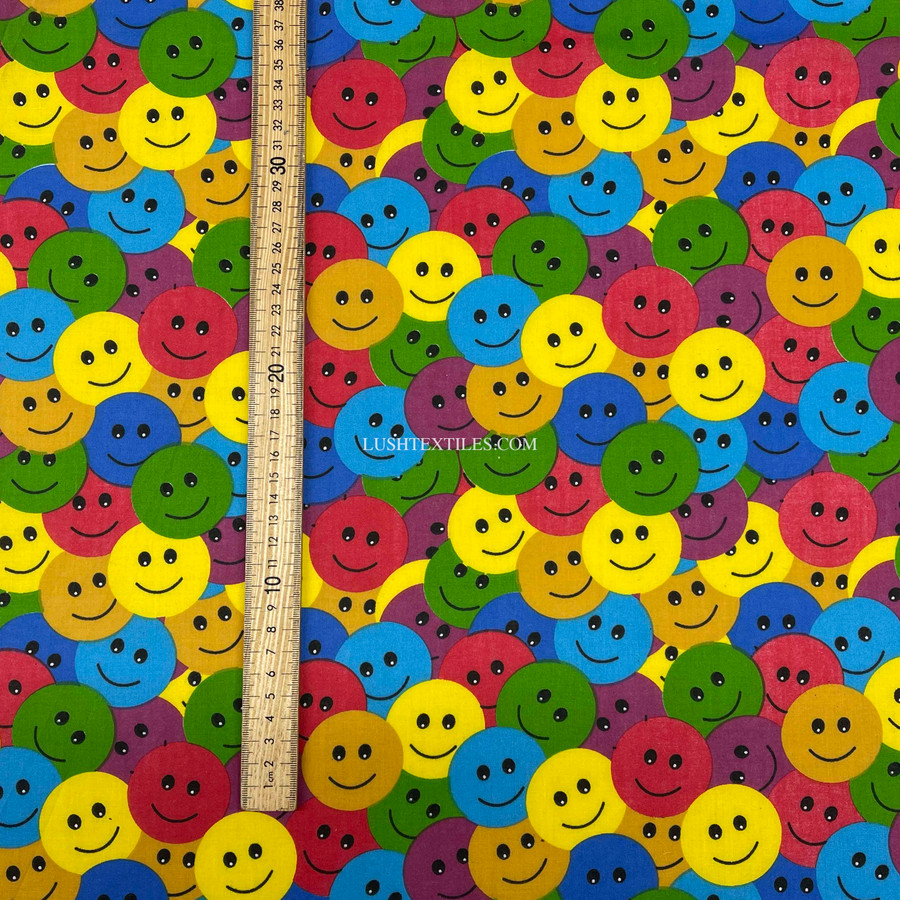 Smiley Emojis Polycotton Face Mask Fabric, Multicoloured Smiley Emojis Polycotton Face Mask Fabric, Multicoloured