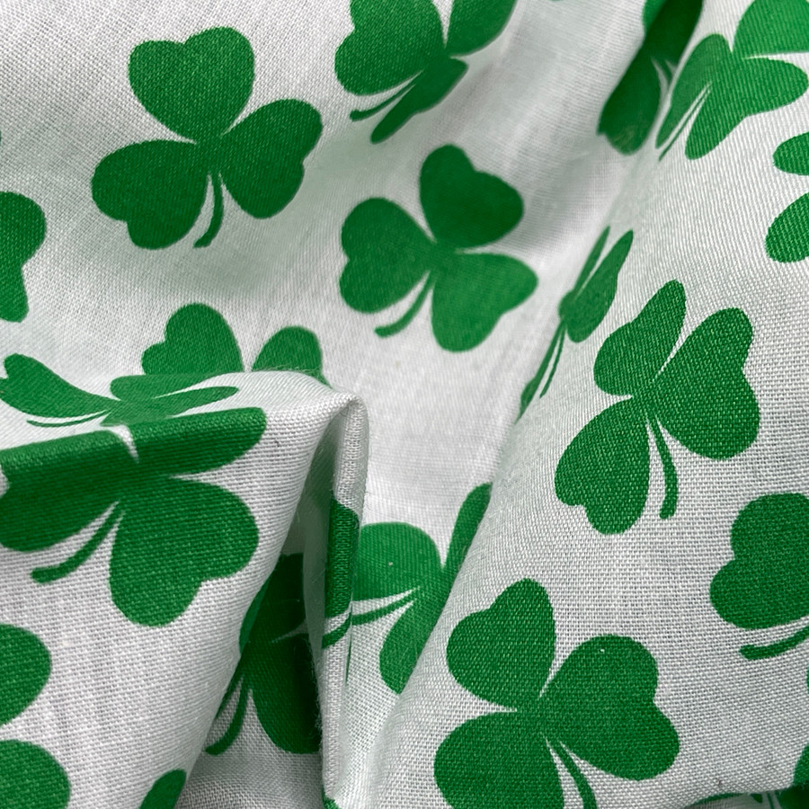 Irish Green Shamrock Saint Patrick's Day Polycotton Fabric, White Irish Green Shamrock Saint Patrick's Day Polycotton Fabric, White
