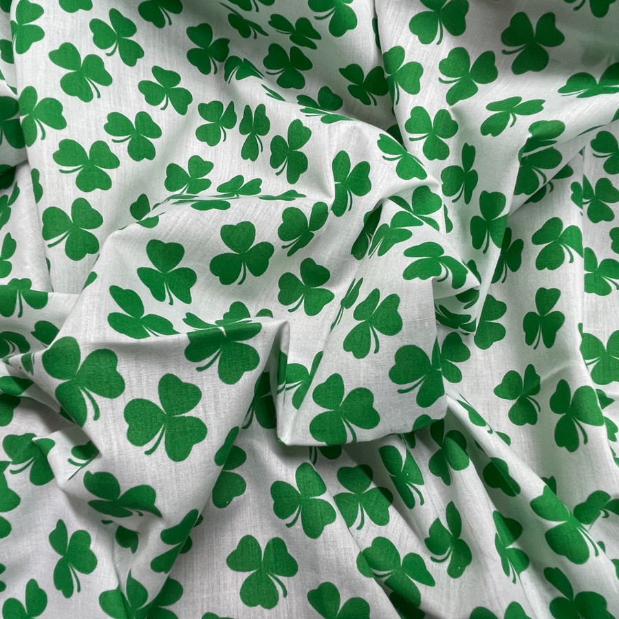 Irish Green Shamrock Saint Patrick's Day Polycotton Fabric, White Irish Green Shamrock Saint Patrick's Day Polycotton Fabric, White