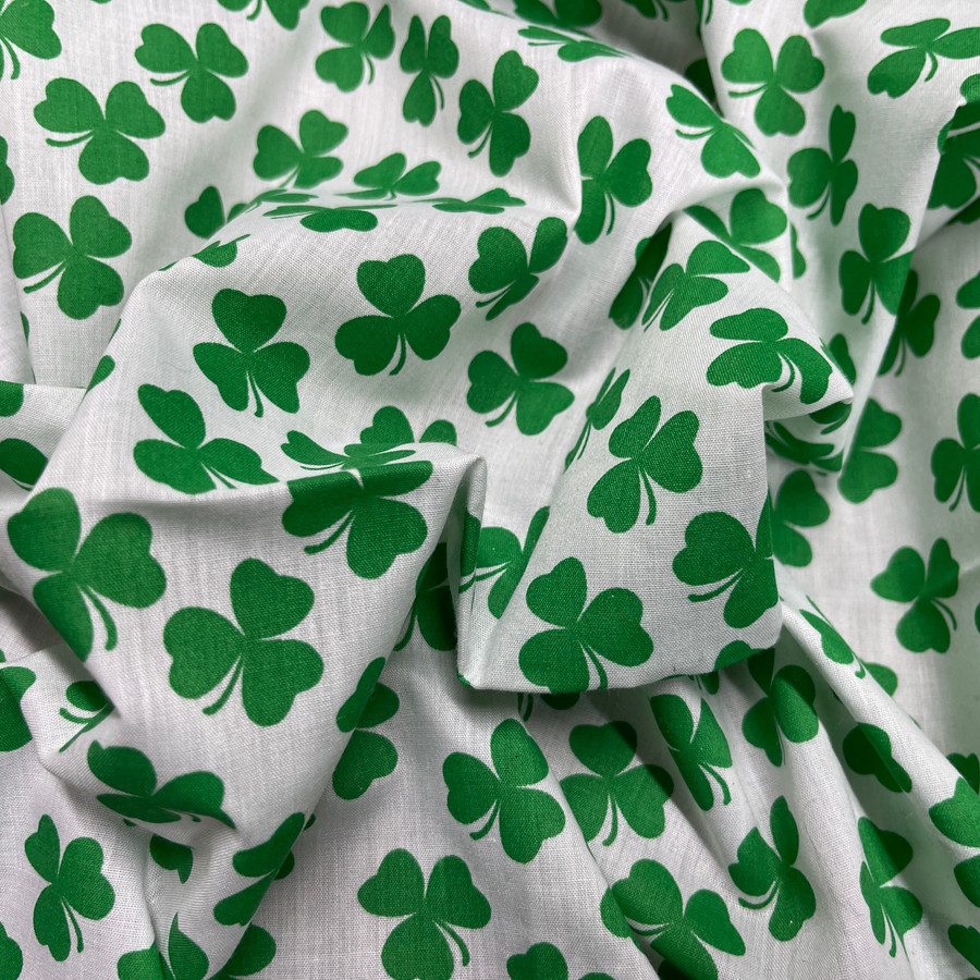 Irish Green Shamrock Saint Patrick's Day Polycotton Fabric, White Irish Green Shamrock Saint Patrick's Day Polycotton Fabric, White