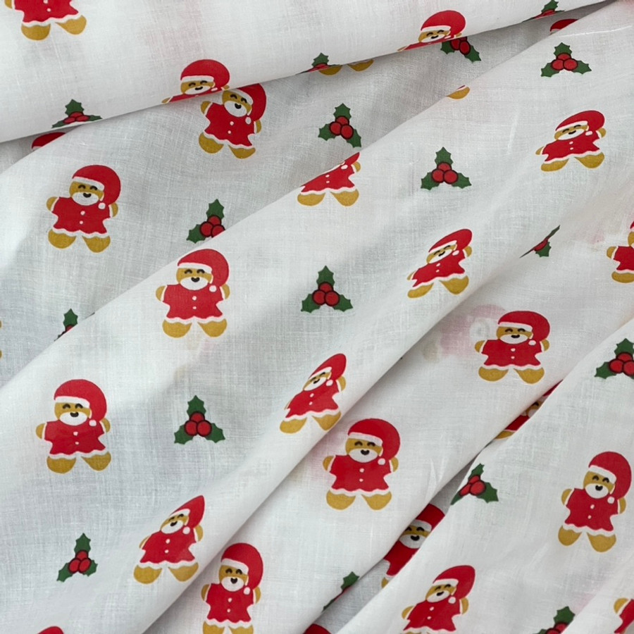 Gingerbread Man Holly Leaf Polycotton Fabric, White Gingerbread Man Holly Leaf Polycotton Fabric, White