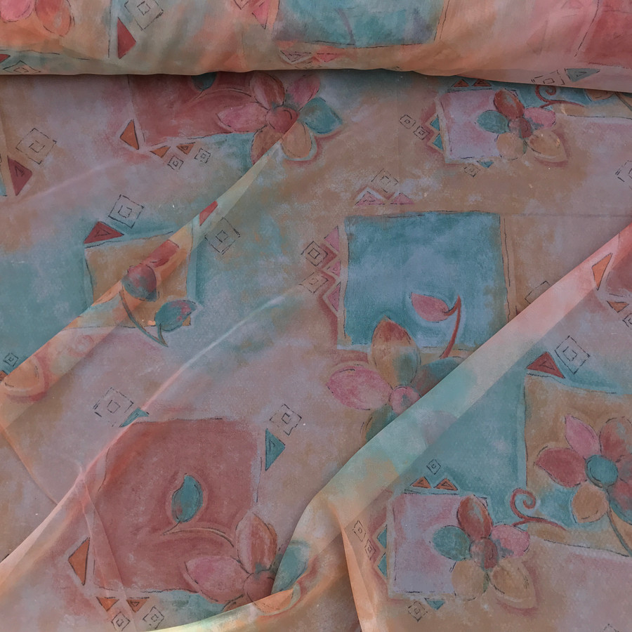 Floral Abstract Net Curtain Voile Fabric, Peach Floral Abstract Net Curtain Voile Fabric, Peach