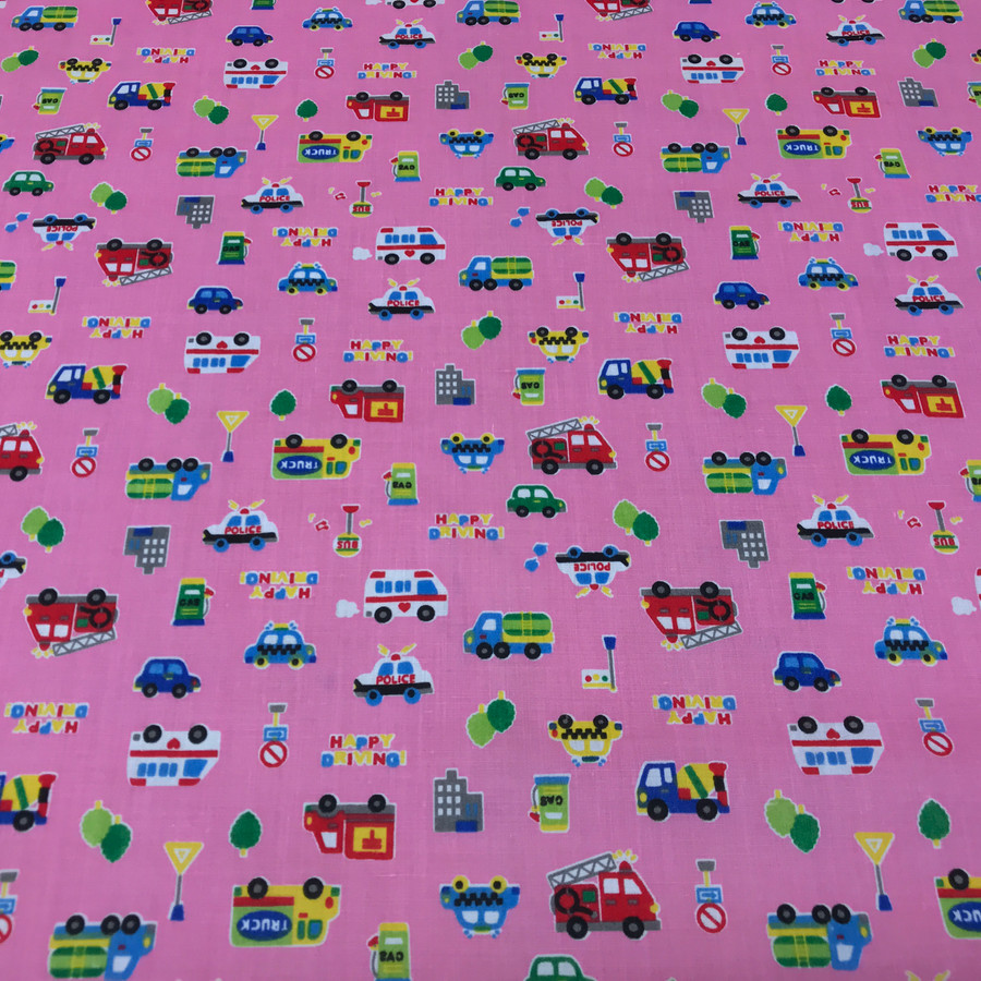 Happy Driving Kids Polycotton Fabric, Pink Happy Driving Kids Polycotton Fabric, Pink