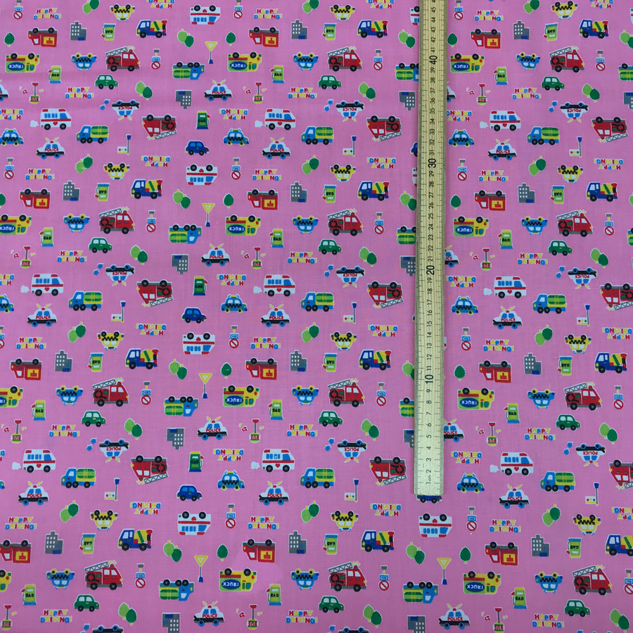 Happy Driving Kids Polycotton Fabric, Pink Happy Driving Kids Polycotton Fabric, Pink