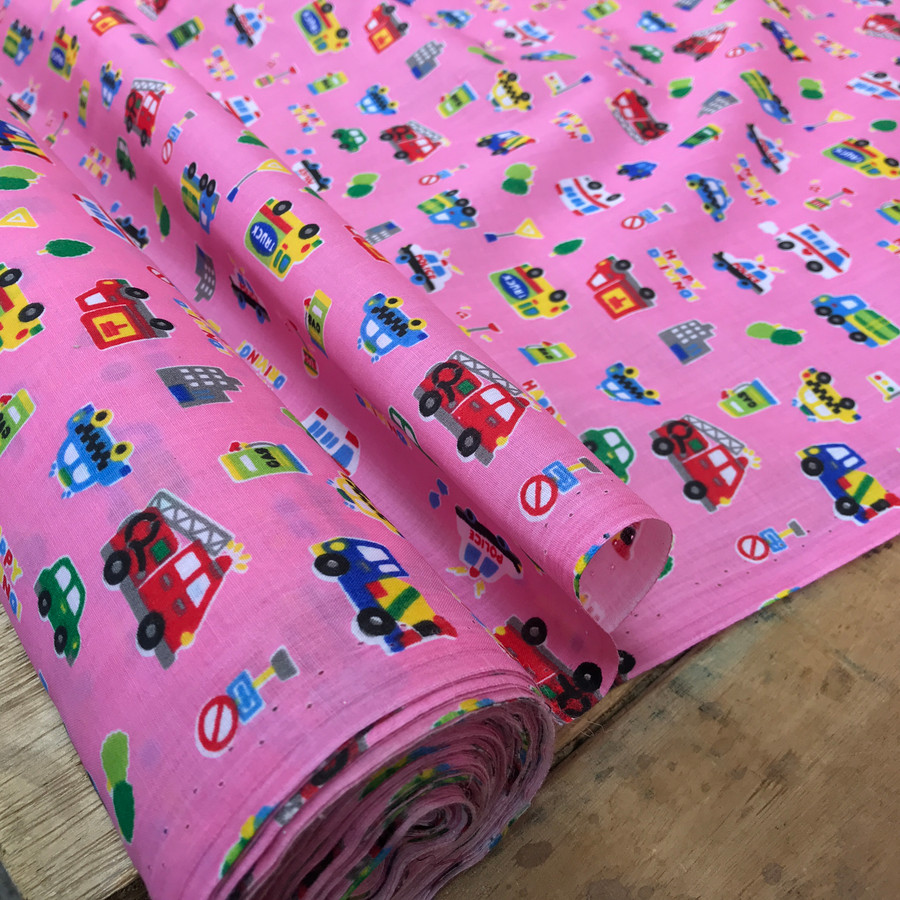 Happy Driving Kids Polycotton Fabric, Pink Happy Driving Kids Polycotton Fabric, Pink