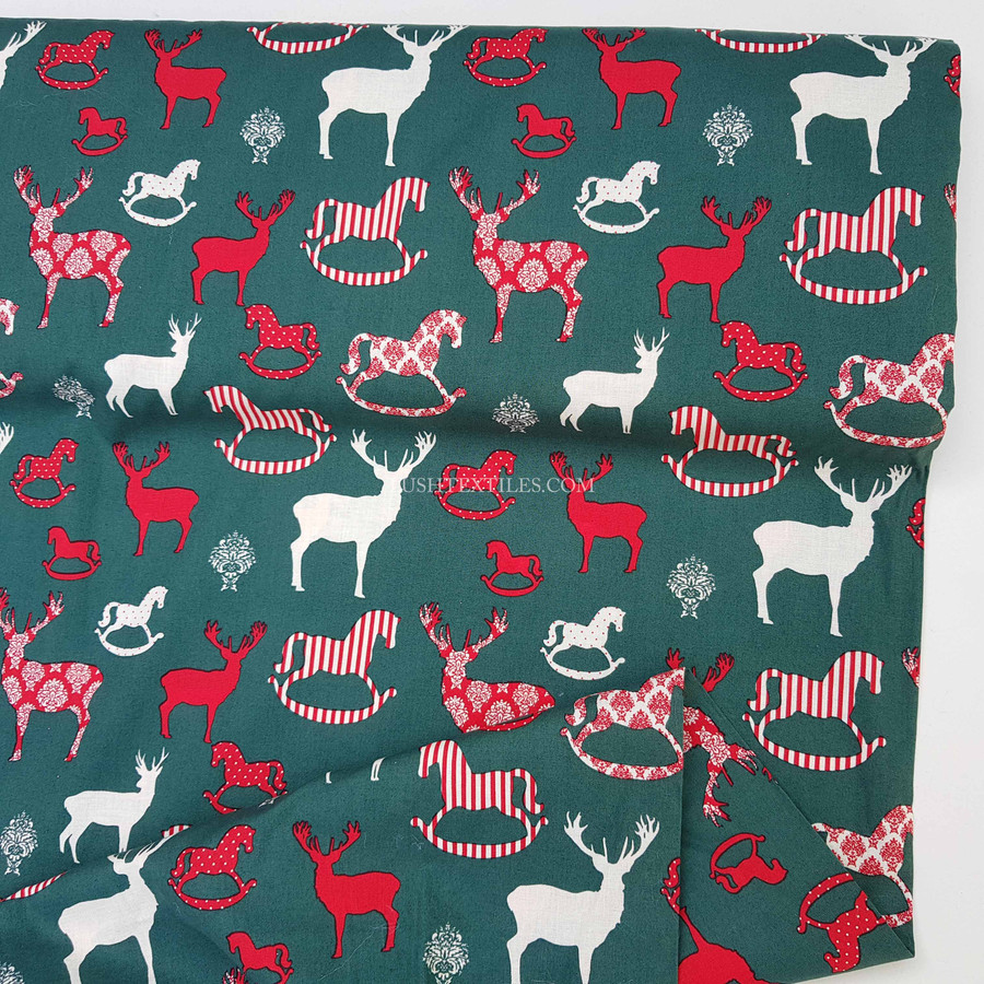 Rocking Horse Xmas Cotton Fabric, Green Rocking Horse Xmas Cotton Fabric, Green