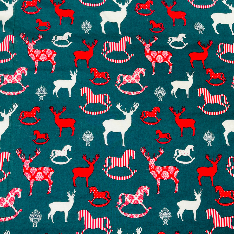 Rocking Horse Xmas Cotton Fabric, Green Rocking Horse Xmas Cotton Fabric, Green
