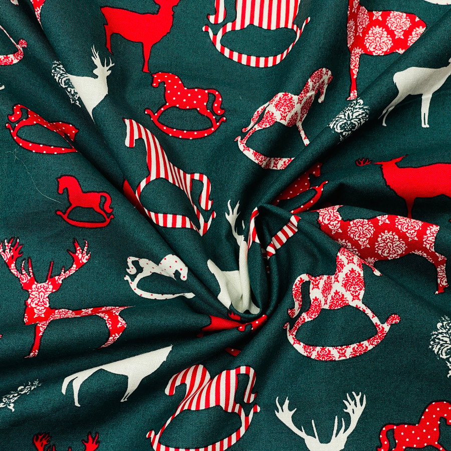 Rocking Horse Xmas Cotton Fabric, Green Rocking Horse Xmas Cotton Fabric, Green