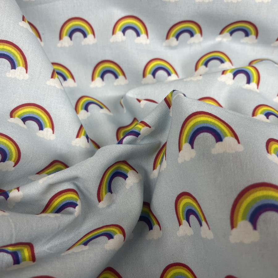 Rainbow In Clouds 100% Cotton Fabric Dress Craft 54” - Sky Blue Rainbow In Clouds 100% Cotton Fabric Dress Craft 54” - Sky Blue