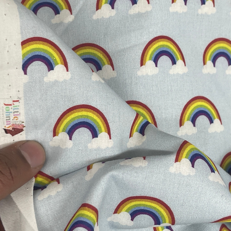 Rainbow In Clouds 100% Cotton Fabric Dress Craft 54” - Sky Blue Rainbow In Clouds 100% Cotton Fabric Dress Craft 54” - Sky Blue