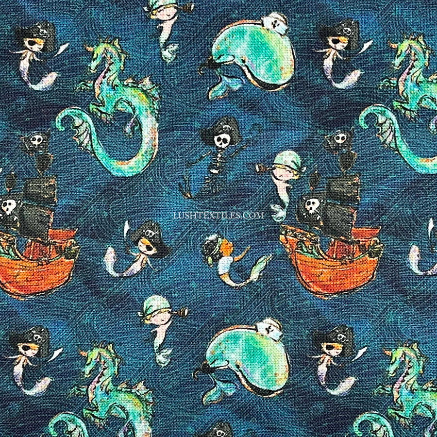 Pirates Boat Dragons Digital Cotton Craft Fabric 140cm Wide, Midnight Pirates Boat Dragons Digital Cotton Craft Fabric 140cm Wide, Midnight