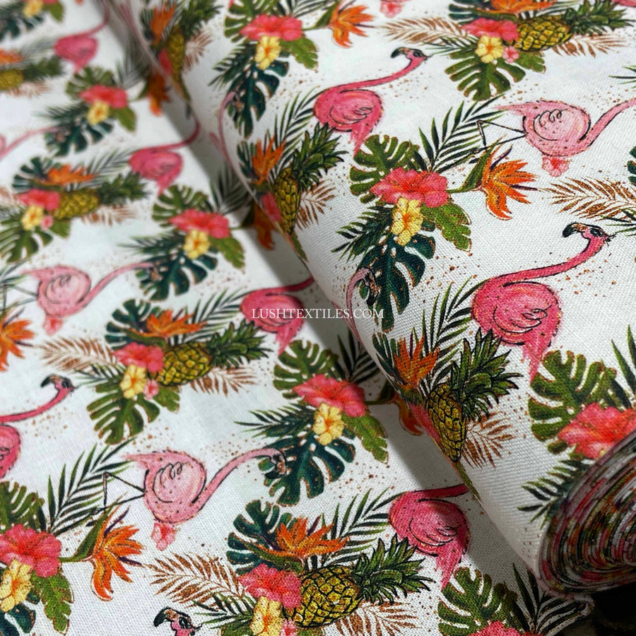 Tropical Flamingo Birds Digital Cotton Craft Fabric 140cm Wide, Ivory Tropical Flamingo Birds Digital Cotton Craft Fabric 140cm Wide, Ivory