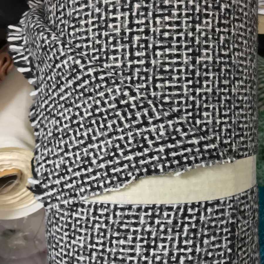 Herringbone Tetris Wool Blend Fabric,  Grey