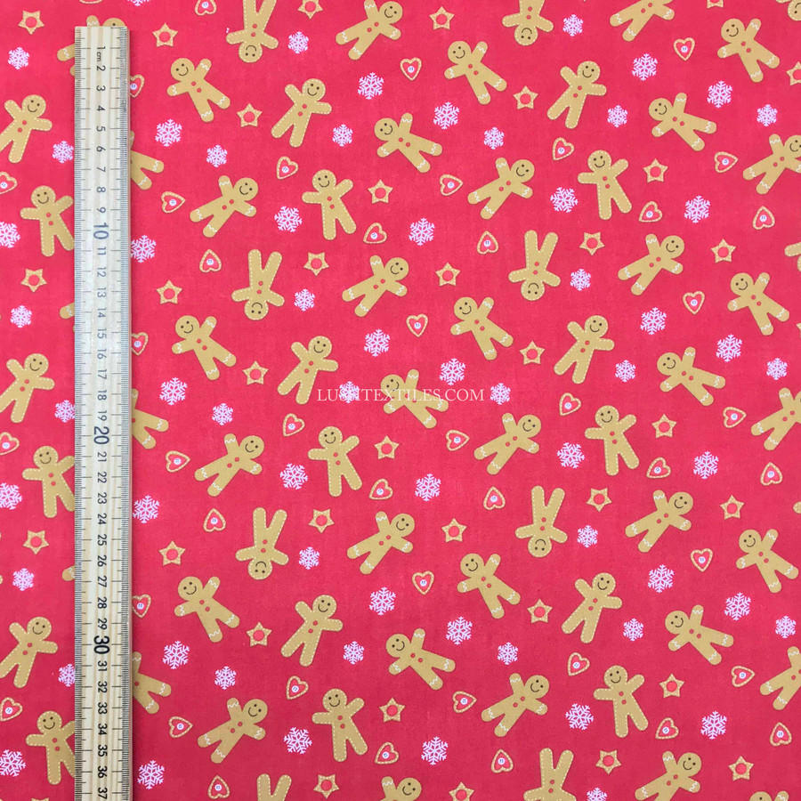 Gingerbread Men & Hearts Christmas Polycotton Fabric, Red Gingerbread Men & Hearts Christmas Polycotton Fabric, Red