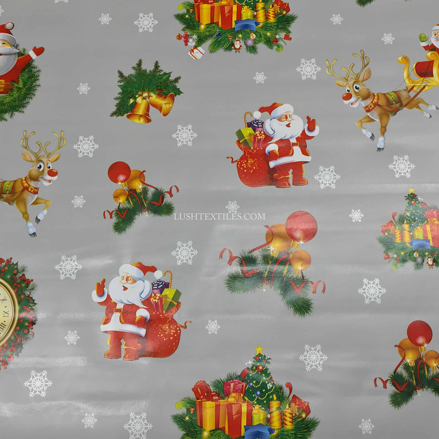 Santa Christmas Snowflakes Tablecloth PVC Fabric, Silver Santa Christmas Snowflakes Tablecloth PVC Fabric, Silver