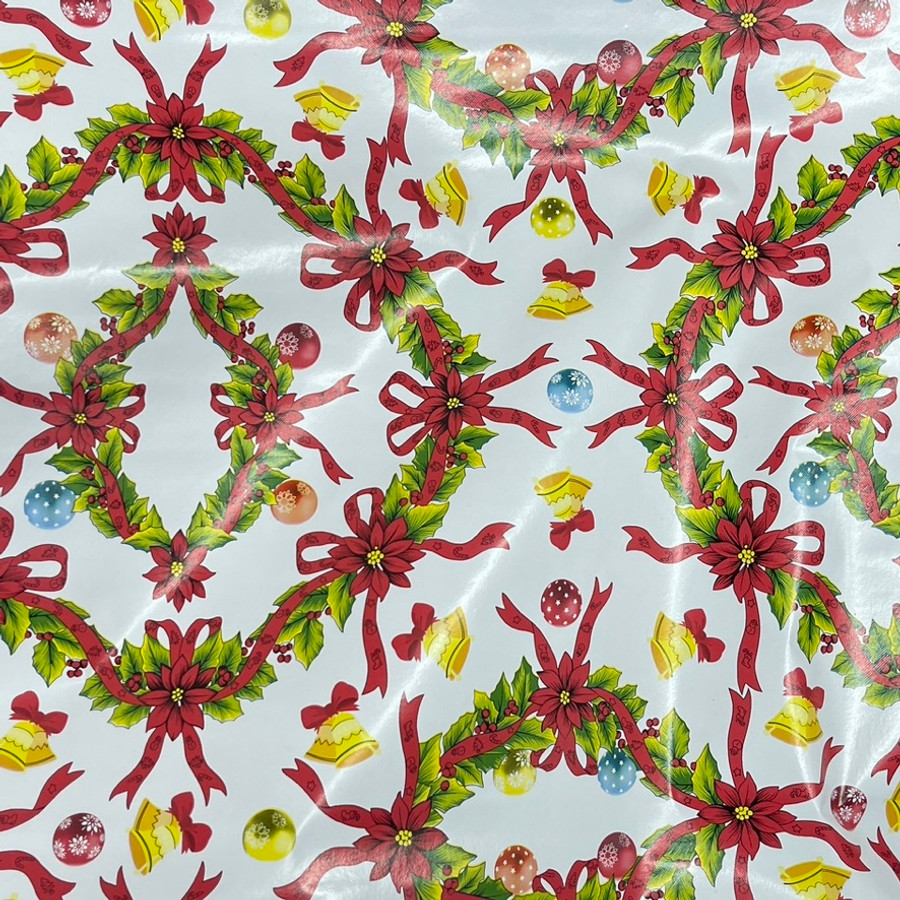 Christmas PVC Tablecloth XMAS Wreaths & Bells Fabric, White Christmas PVC Tablecloth XMAS Wreaths & Bells Fabric, White