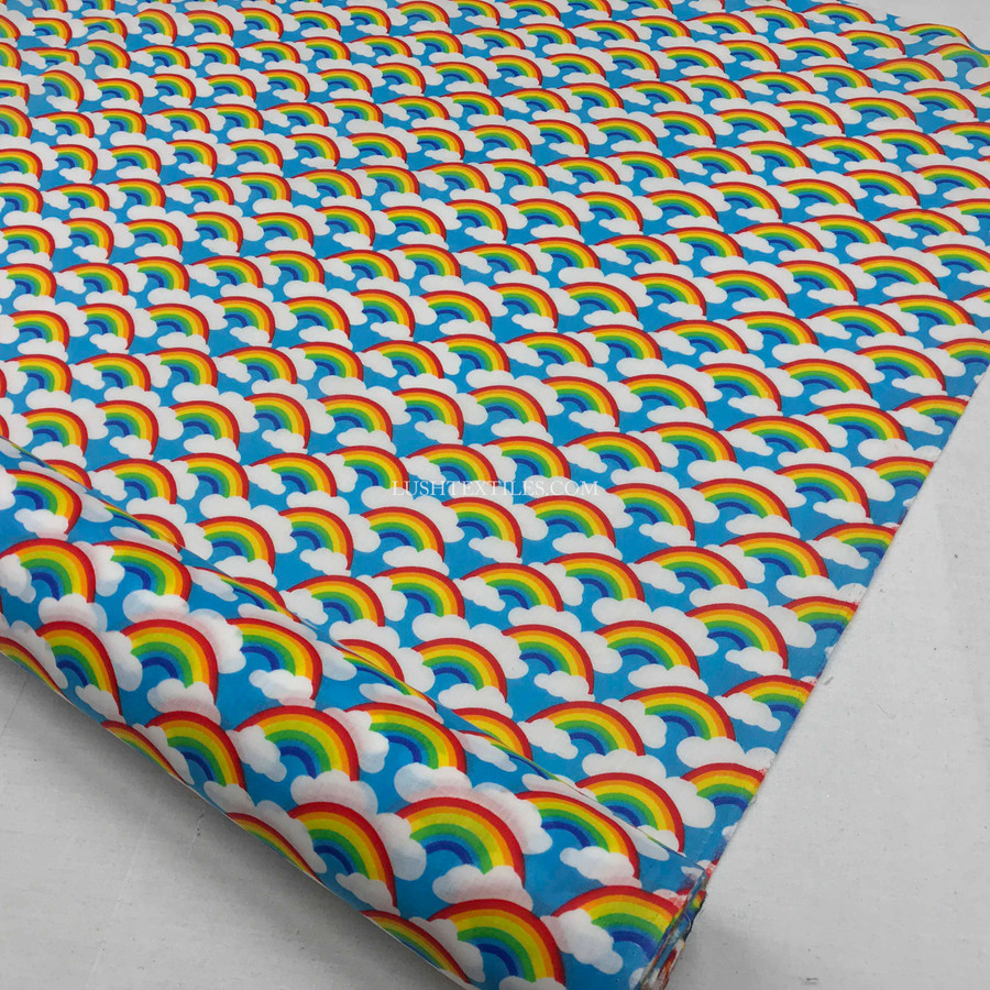 Rainbow In Clouds Polycotton Fabric, Sky Rainbow In Clouds Polycotton Fabric, Sky