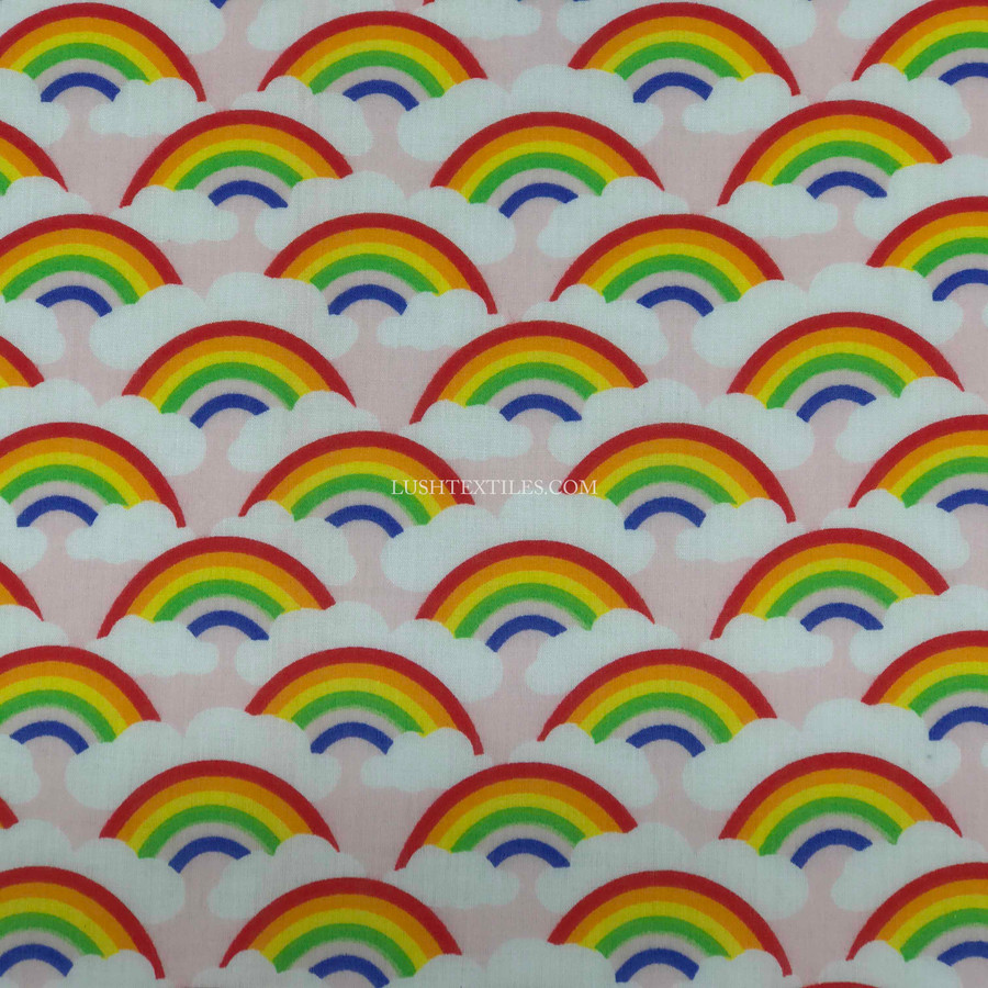 Rainbow In Clouds Polycotton Fabric, Pink Rainbow In Clouds Polycotton Fabric, Pink