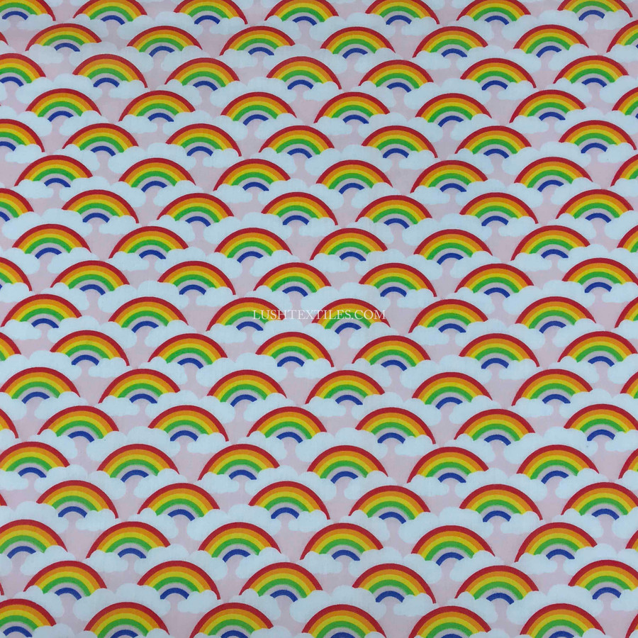 Rainbow In Clouds Polycotton Fabric, Pink Rainbow In Clouds Polycotton Fabric, Pink