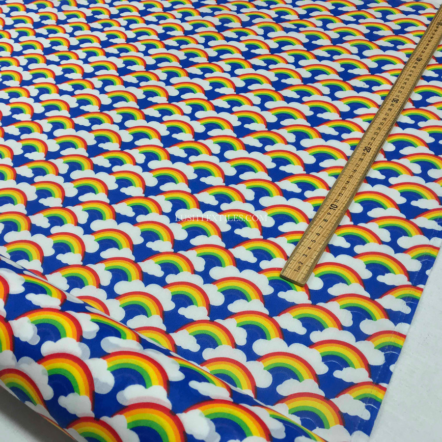 Rainbow In Clouds Polycotton Fabric, Blue Rainbow In Clouds Polycotton Fabric, Blue