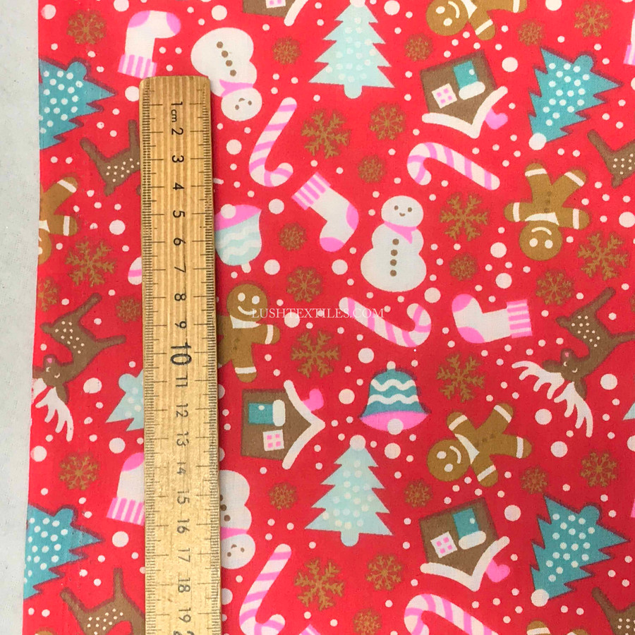 Christmas Party Snowflakes Gingerbread Man Polycotton Fabric, Red Christmas Party Snowflakes Gingerbread Man Polycotton Fabric, Red