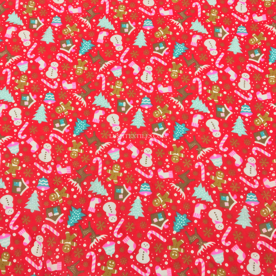 Christmas Party Snowflakes Gingerbread Man Polycotton Fabric, Red Christmas Party Snowflakes Gingerbread Man Polycotton Fabric, Red