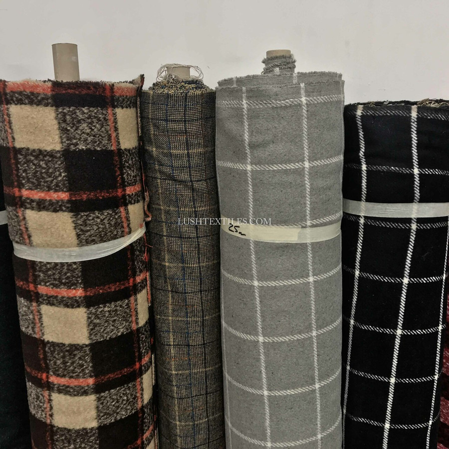 Large Harris Check Tweed Wool Blend Fabric,  Black