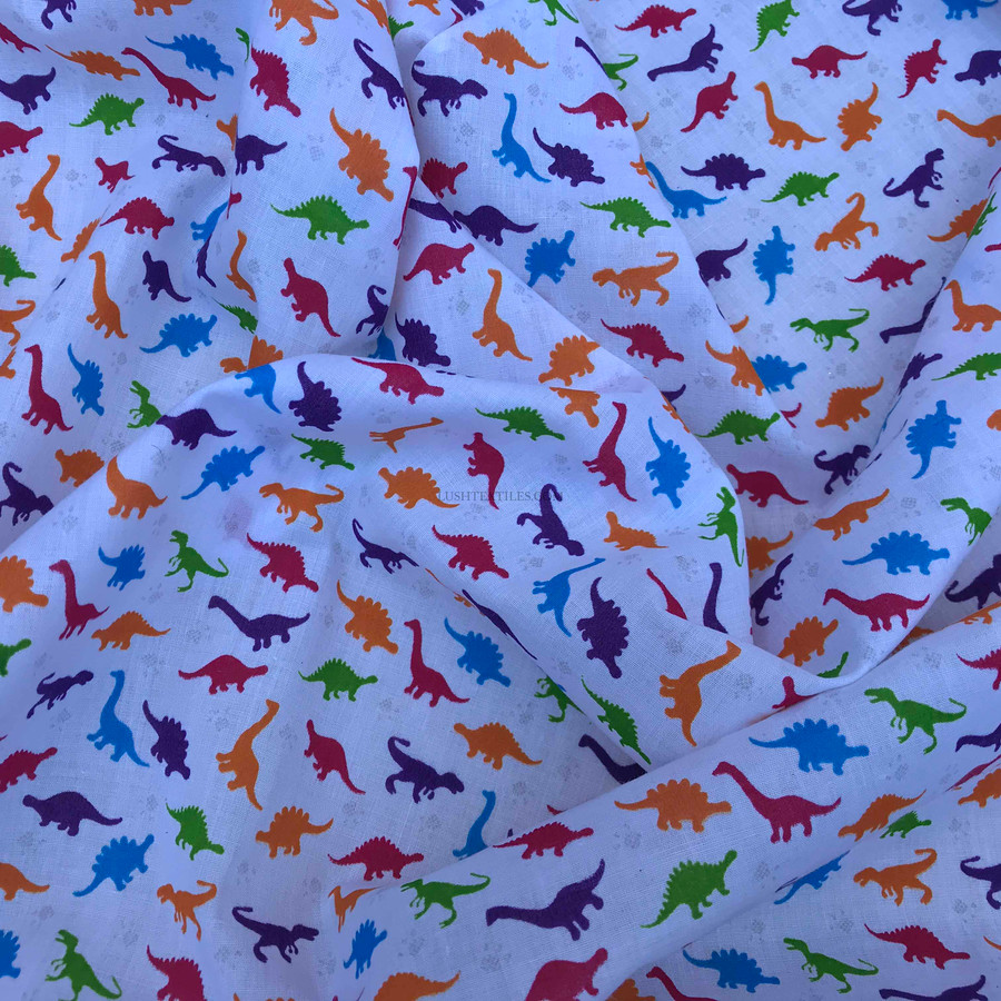 Small Multicoloured Dinosaurs Polycotton Fabric, White Small Multicoloured Dinosaurs Polycotton Fabric, White