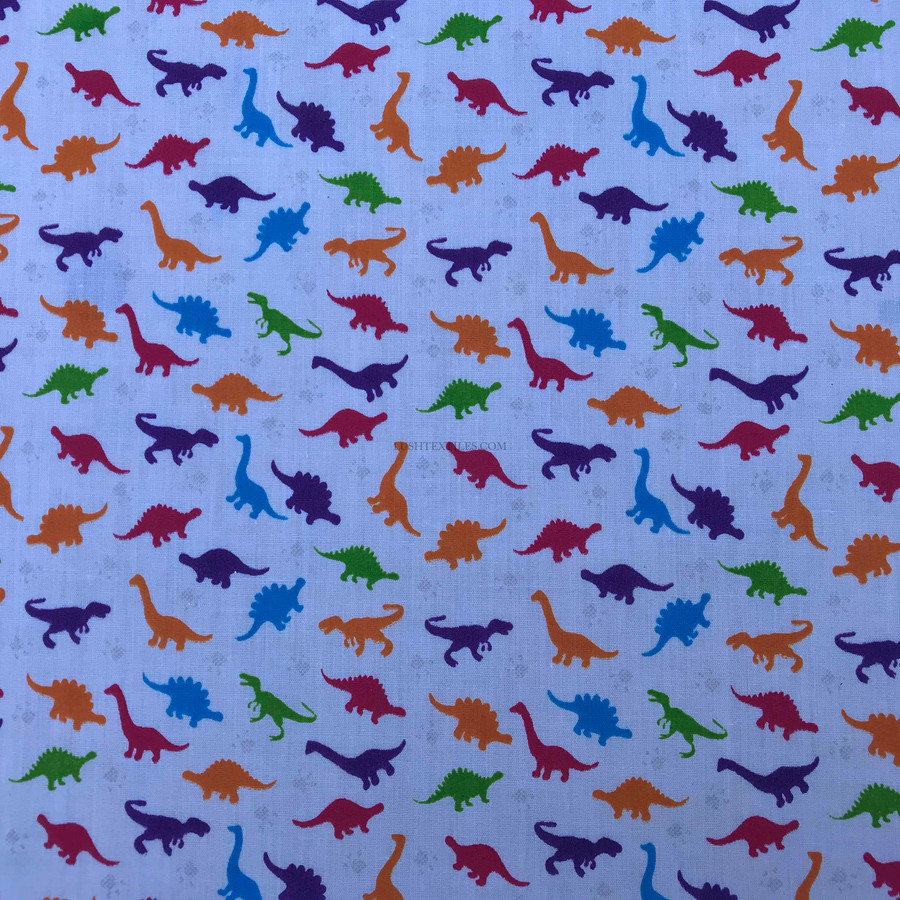 Small Multicoloured Dinosaurs Polycotton Fabric, White Small Multicoloured Dinosaurs Polycotton Fabric, White