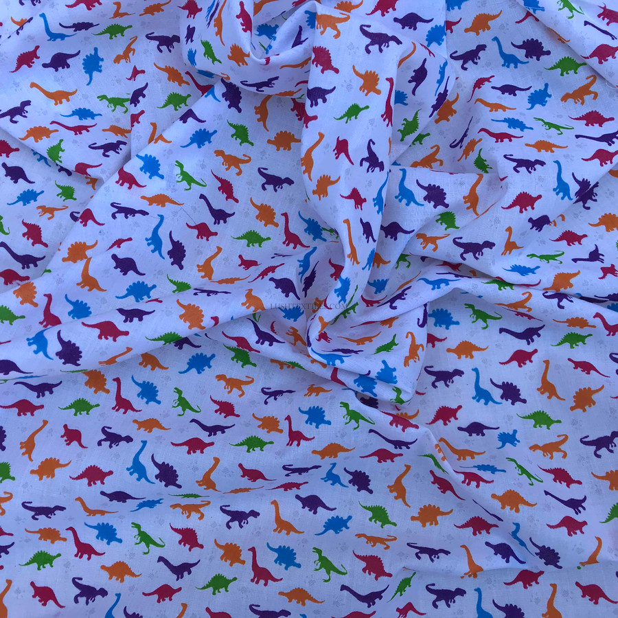 Small Multicoloured Dinosaurs Polycotton Fabric, White Small Multicoloured Dinosaurs Polycotton Fabric, White