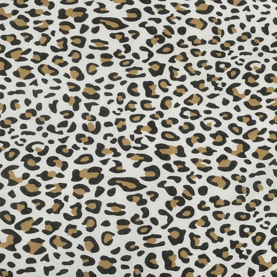 Brown Leopard Spots Animal Print Polycotton Fabric, White Brown Leopard Spots Animal Print Polycotton Fabric, White