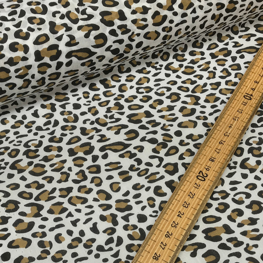Brown Leopard Spots Animal Print Polycotton Fabric, White Brown Leopard Spots Animal Print Polycotton Fabric, White