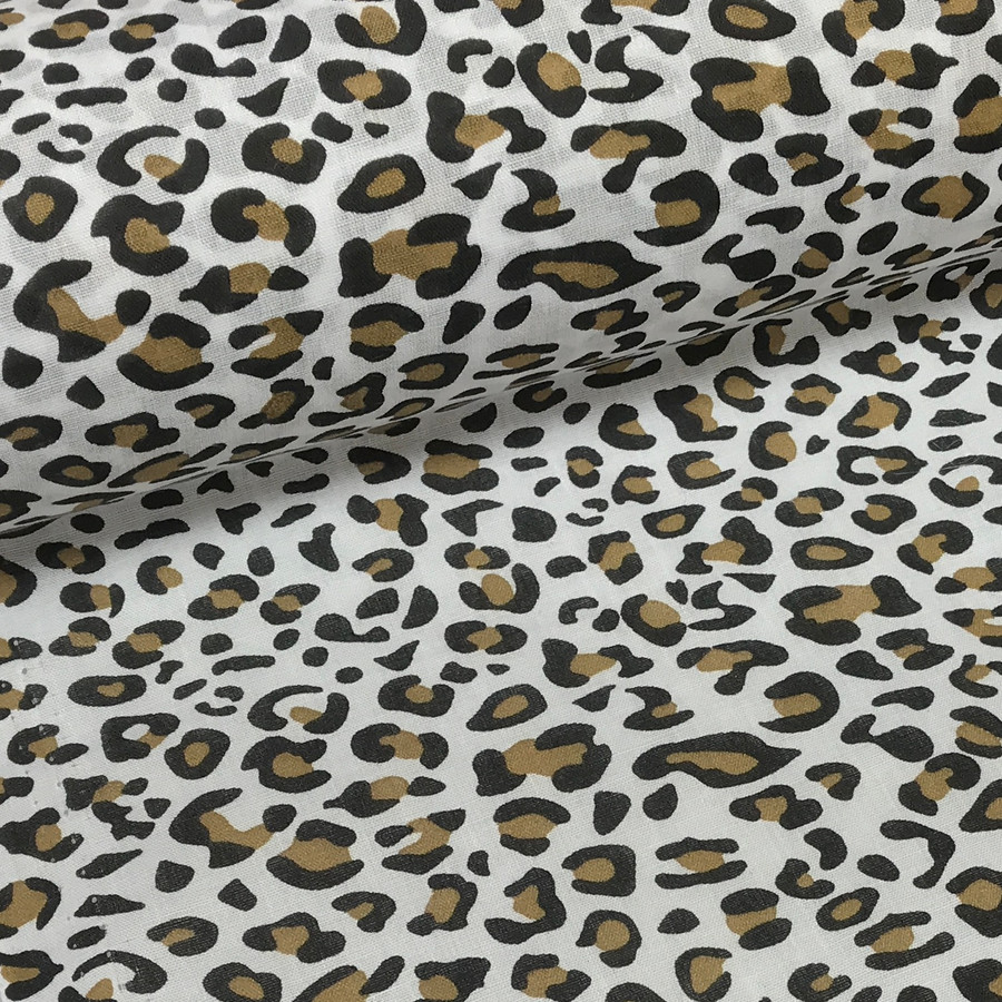 Brown Leopard Spots Animal Print Polycotton Fabric, White Brown Leopard Spots Animal Print Polycotton Fabric, White