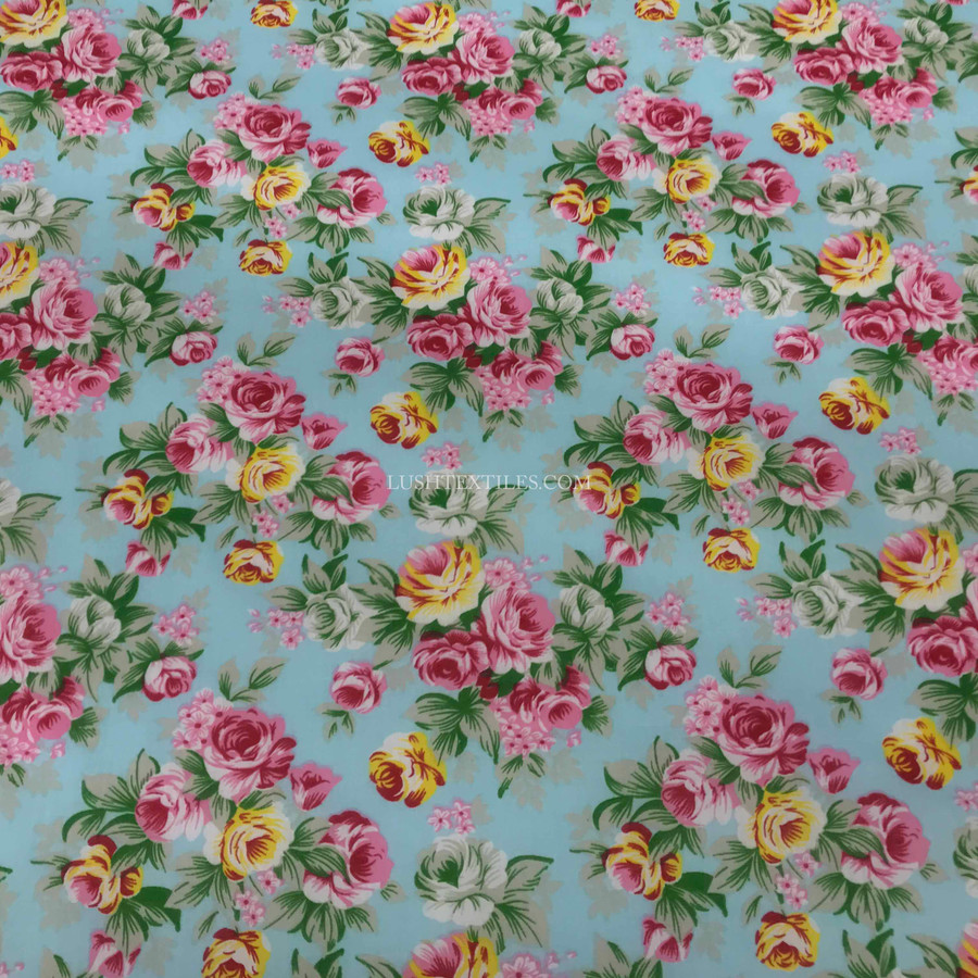 Vintage Rose Print Polycotton Fabric, Sky Vintage Rose Print Polycotton Fabric, Sky