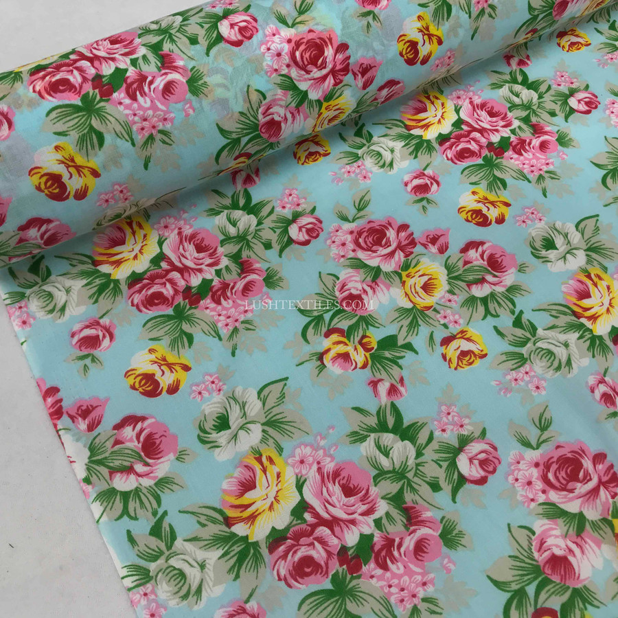 Vintage Rose Print Polycotton Fabric, Sky Vintage Rose Print Polycotton Fabric, Sky
