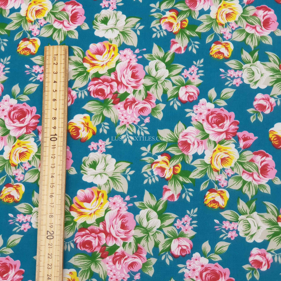 Vintage Rose Print Polycotton Fabric, Turquoise Vintage Rose Print Polycotton Fabric, Turquoise