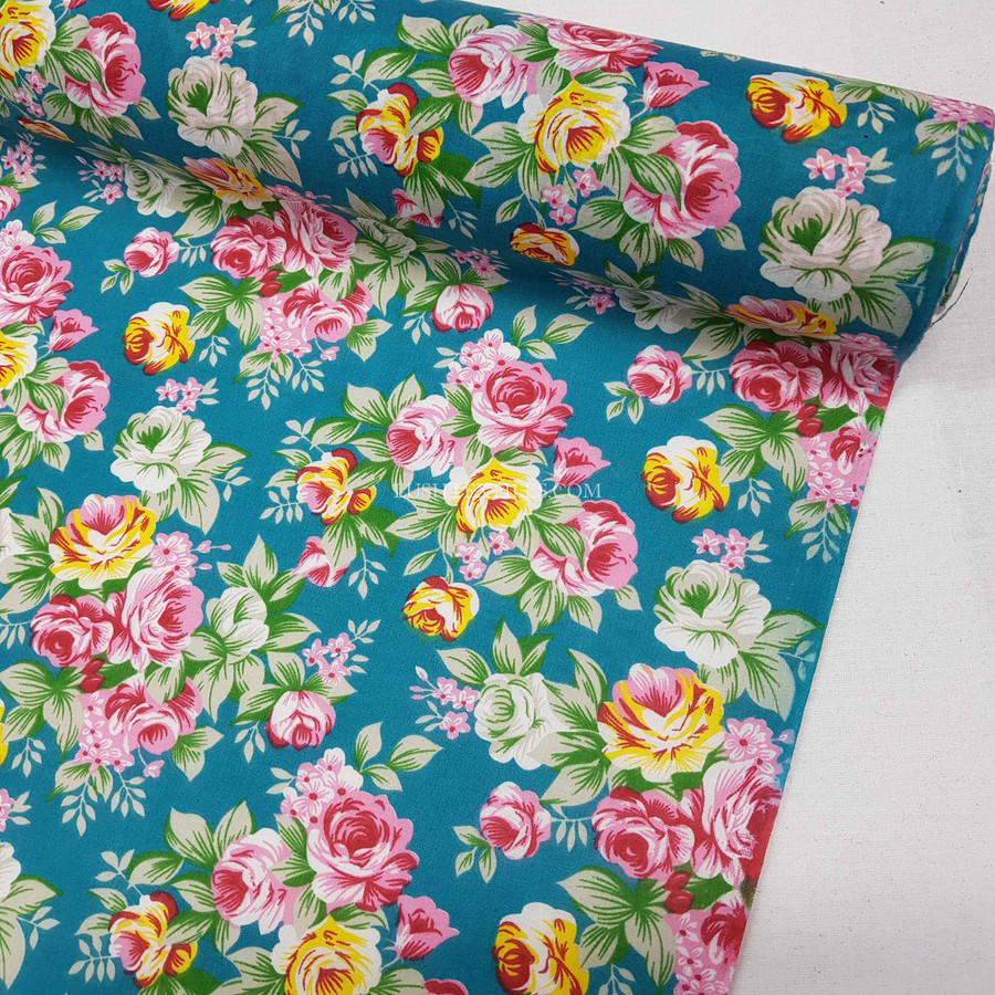 Vintage Rose Print Polycotton Fabric, Turquoise Vintage Rose Print Polycotton Fabric, Turquoise